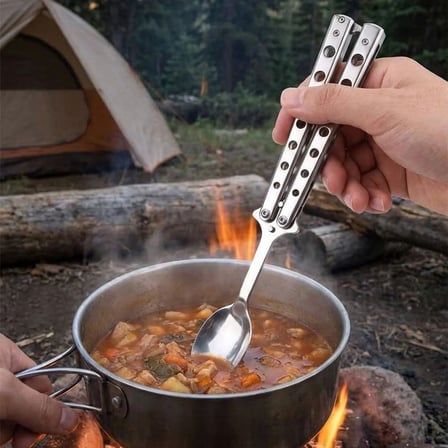 BUFFER® ​​​​​​​Kelebek Mekanizmalı Katlanır Kaşık Kamp, Outdoor ve Günlük Kullanım İçin Pratik Cep K