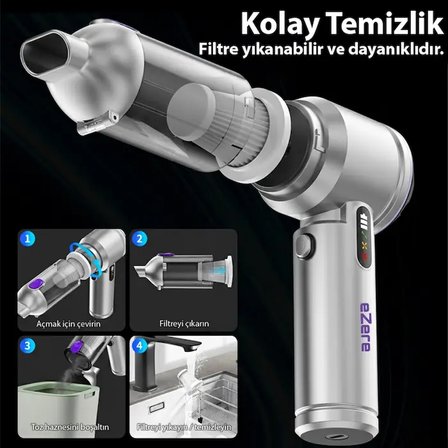 EZERE Vacpro 20000pa Güçlü Dijital Göstergeli Vakumlu Kablosuz Üflemeli Mini Araç Süpürgesi-1852