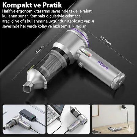 EZERE Vacpro 20000pa Güçlü Dijital Göstergeli Vakumlu Kablosuz Üflemeli Mini Araç Süpürgesi-1852