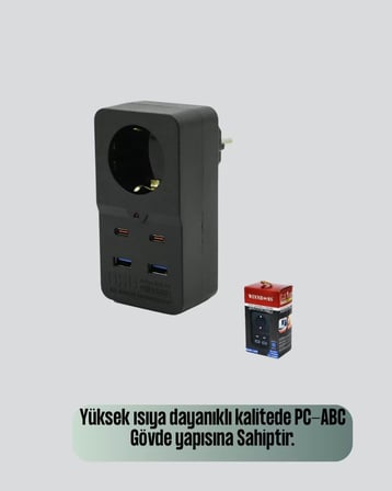Isıya Dayanıklı PC Gövdeli Akım Korumalı Priz 4 USB Yeni Nesil