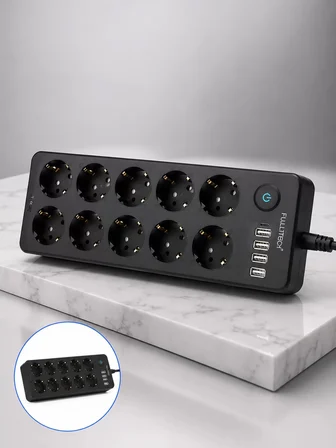 10 Prizli USB Destekli Çoklu Priz Type-C Şarj Girişli Güvenli Güç Ünitesi