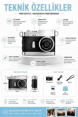 Ezere PixCam Vintage Taşınabilir Mini Dijital Kamera Selfie Video Vlog Kamerası Mini Anahtarlık 1080P-1852