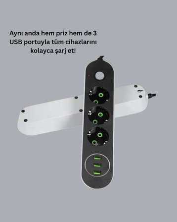 Akım Korumalı Anahtarlı USB Girişli Üçlü Priz