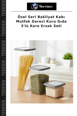 Özel Seri Bakliyat Kabı Mutfak Gereci Kuru Gıda 3'lü Kare Erzak Seti