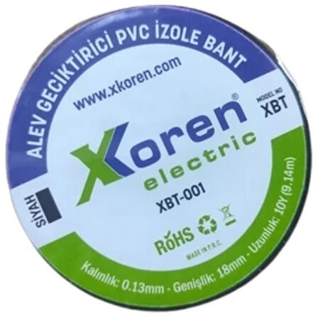 XKOREN Sarı + Yeşil Alev Geciktirici PVC İzole Bant 0.13mm x 18mm x 10Y (9.14m) (10 Adet)