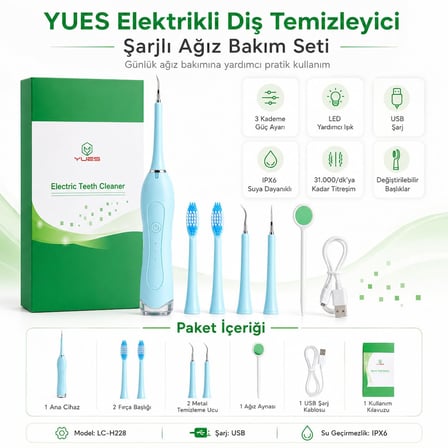 YUES Elektrikli Diş Temizleyici, Şarjlı Diş Taşı ve Leke Temizleme Cihazı, 3 Kademeli Titreşim, Değiştirilebilir Başlıklar, IPX6 Suya Dayanıklı, USB Şarjlı Ağız Bakım Seti