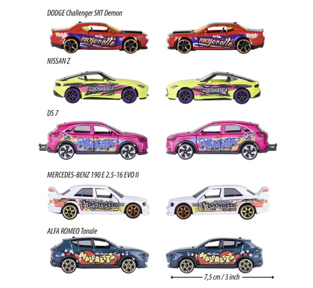 Majorette Grafiti görünümlü 11 araç seti, sınırlı sayıda (5 araba) - 5 model araba, metal serbest tekerlekli, süspansiyonlu ve açılabilir parça, koleksiyoncular ve 3 yaşından büyük çocuklar için