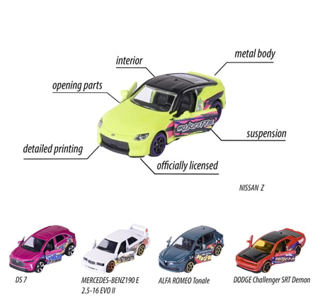 Majorette Grafiti görünümlü 11 araç seti, sınırlı sayıda (5 araba) - 5 model araba, metal serbest tekerlekli, süspansiyonlu ve açılabilir parça, koleksiyoncular ve 3 yaşından büyük çocuklar için