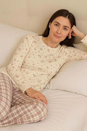 Ekoseli Desenli Uzun Kol Kadın Pijama Takımı 2 İplik Kışlık Pamuklu Kumaş