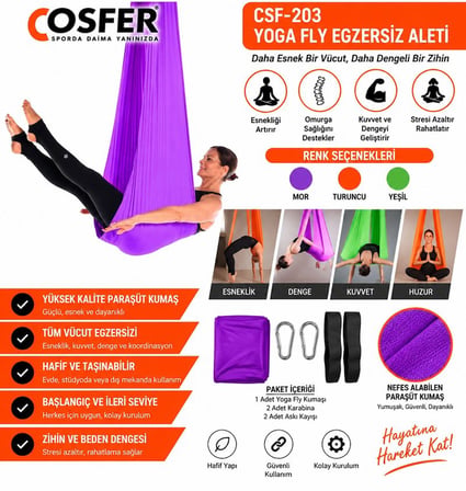Özel Üretim Pratik Bireysel Cosfer CSF203 Turuncu-Yeşil-Mor Yoga Fly Egzersiz Aleti
