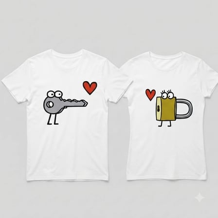 Sevgili Kombini Anahtar ve Kilit Karakter Baskılı Beyaz Polyester-Pamuk Karışım T-Shirt