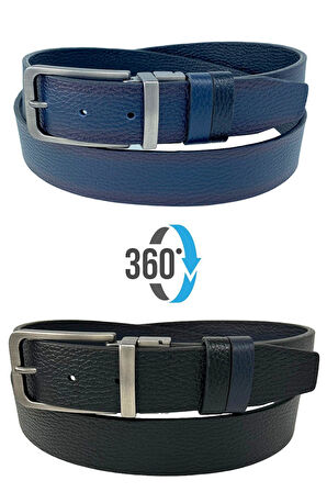 Çift Taraflı Hakiki Deri 3.5 cm.lik Klasik Dönerli Tokalı Kemer Lacivert/Siyah - XD-300-805-ST
