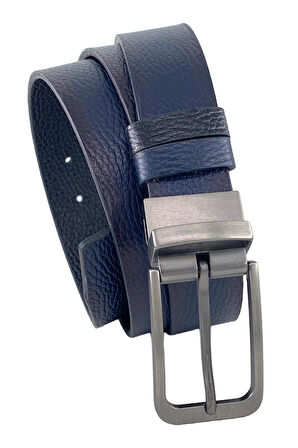 Çift Taraflı Hakiki Deri 3.5 cm.lik Klasik Dönerli Tokalı Kemer Lacivert/Siyah - XD-300-805-ST