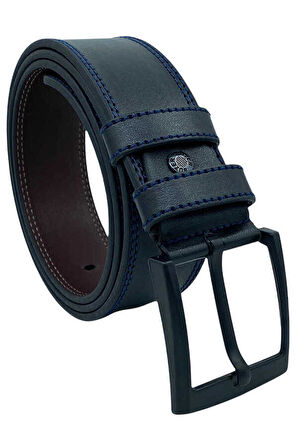 Siyah Suni Deri Lacivert Çift Dikişli 4.5 cm.lik Unisex Spor Kemer