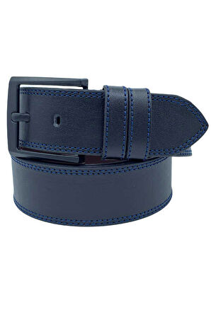 Siyah Suni Deri Lacivert Çift Dikişli 4.5 cm.lik Unisex Spor Kemer