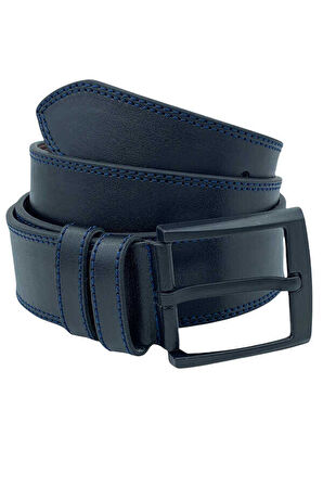 Siyah Suni Deri Lacivert Çift Dikişli 4.5 cm.lik Unisex Spor Kemer