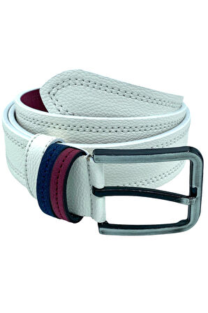 Beyaz Suni Deri Çift Dikişli Model 4 cm.lik Unisex Spor Kemer