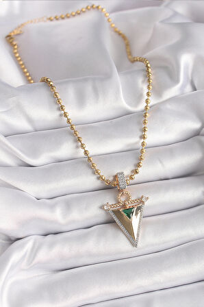 Zirkon Taşlı 3D Üçgen Uclu Topçuk Zincirli Gold Renk Kadın Kolye - BKO9482