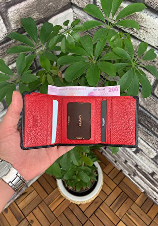 Guard Siyah Hakiki Deri İçi Kırmızı Üçe Katlanır Dikey Model Spor Erkek Cüzdanı - XD-GRD829-ST