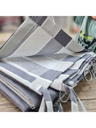 Ceylan Home Balkon Perdesi Bağcıklı Halkalı Ölçü Seçenekli Gri Çizgili