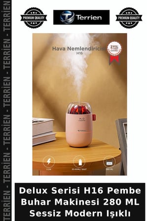 Delux Serisi H16 Pembe Buhar Makinesi 280 ML Sessiz Modern Işıklı