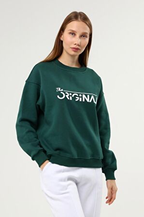 Kadın Baskılı Şardonlu Sweatshirt Yeşil Renk