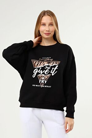 Kadın Baskılı Şardonlu Sweatshirt Siyah Renk