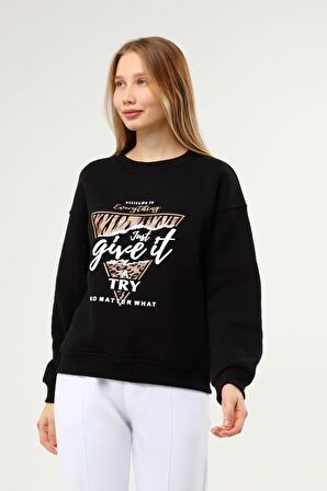 Kadın Baskılı Şardonlu Sweatshirt Siyah Renk