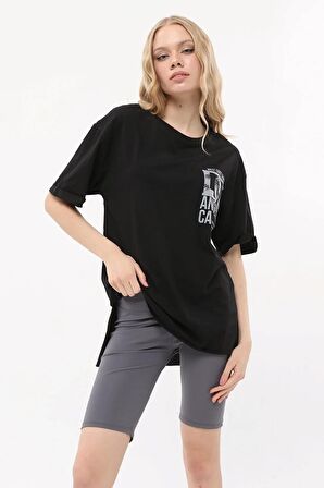 Kadın Bisiklet Yaka Dijital Baskılı Siyah Renk T-shirt