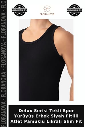 Delux Serisi Tekli Spor Yürüyüş Erkek Siyah Fitilli Atlet Pamuklu Likralı Slim Fit