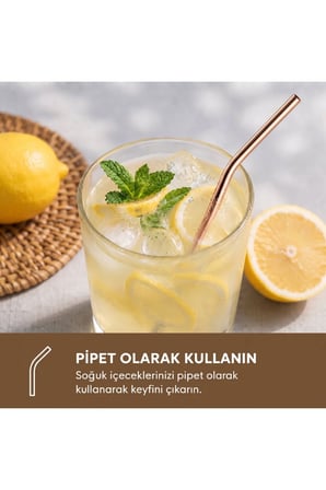 3 Adet Kaşıklı Pipet Seti – Bronz Renkli Paslanmaz Çelik Kaşık Uçlu Pipet, Metal Straw, Reusable Straw