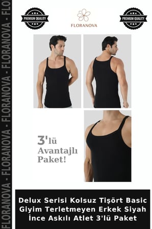 Delux Serisi Kolsuz Tişört Basic Giyim Terletmeyen Erkek Siyah İnce Askılı Atlet 3'lü Paket