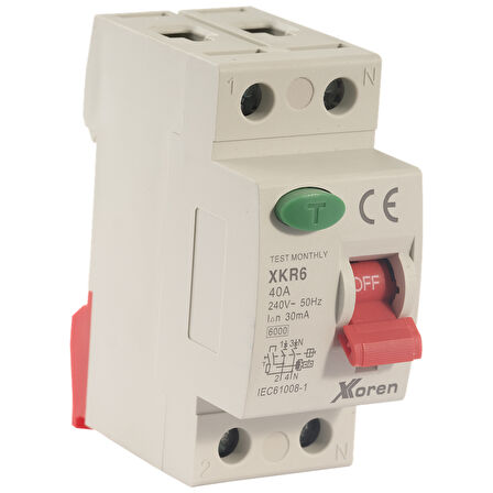 XKOREN 25A 6kA 30mA 2 Kutup (Elektronik-AC Tip Hayat Koruma) Kaçak Akım Koruma Şalteri