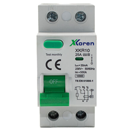 XKOREN 32A 10kA 30mA 2 Kutup (Elektronik-A Tip Hayat Koruma) Kaçak Akım Koruma Şalteri