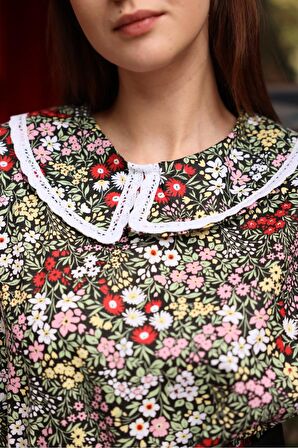Vintage Siyah-Pembe Çiçekli Bebe Yaka Dantelli Poplin Bluz