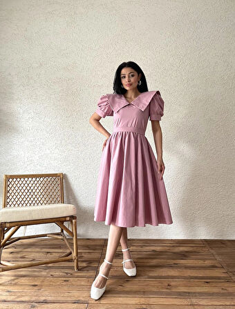 Gül Kurusu Büyük Yakalı Kloş Poplin Elbise