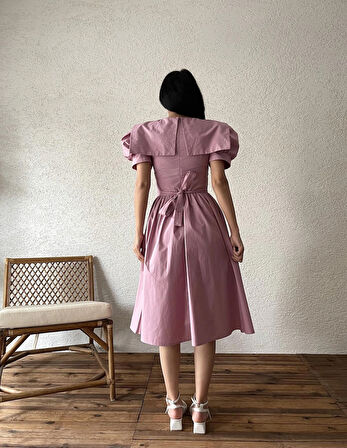 Gül Kurusu Büyük Yakalı Kloş Poplin Elbise