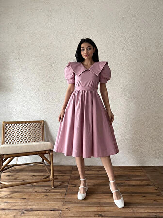 Gül Kurusu Büyük Yakalı Kloş Poplin Elbise