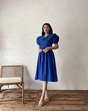 Saks Mavisi Büyük Yakalı Kloş Poplin Elbise