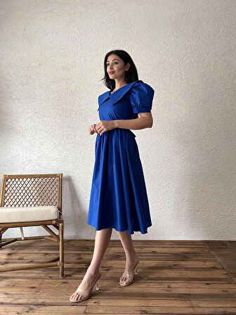Saks Mavisi Büyük Yakalı Kloş Poplin Elbise