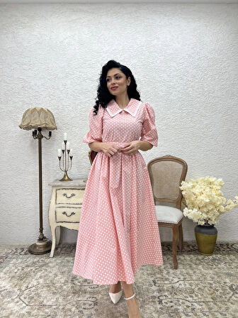 Yakalı Pembe Puantiyeli Beyaz Dantelli Kloş Elbise