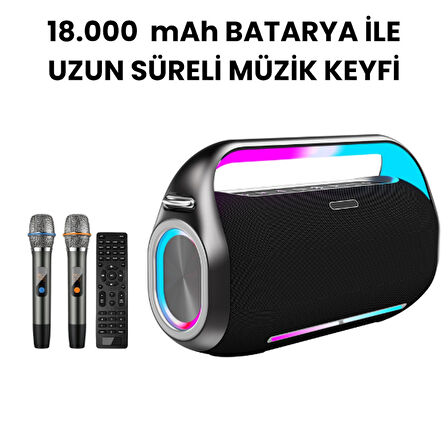 RGB Işıklı Kablosuz Bluetooth Hoparlör – 18.000 mAh Batarya, Çift Mikrofonlu Karaoke Speaker, Güçlü Bass, Taşınabilir Party Speaker