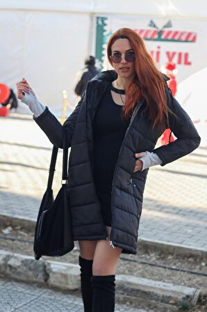 Barbora Kışlık Kapüşonlu Uzun Kadın Şişme Mont tr805siyah