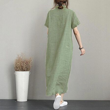 Barbora Keten Günlük Kısa Kol Tam Boy Yazlık Salaş Kadın Elbise LN245haki4