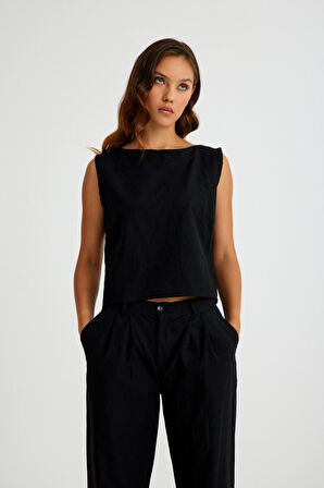 Barbora Keten Günlük Rahat  Kolsuz  Alt Üst Kadın Takım LN08siyah5