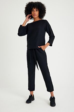 Barbora Keten Günlük Rahat Beli Kemerli Kadın İkili Takım Alt Üst LN01siyah9