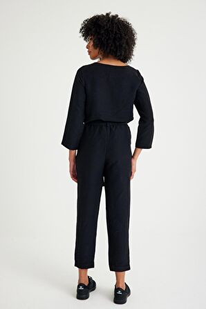 Barbora Keten Günlük Rahat Beli Kemerli Kadın İkili Takım Alt Üst LN01siyah9