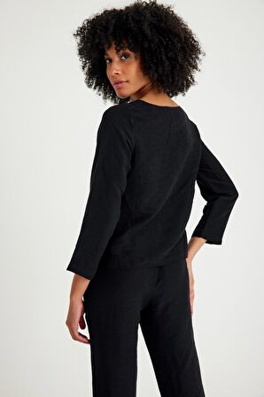 Barbora Keten Günlük Rahat Beli Kemerli Kadın İkili Takım Alt Üst LN01siyah9