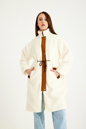 Barbora Peluş Beli Bağcıklı Kışlık Kadın Fermuarlı Astarlı Tüylü Ceket ws02krem4