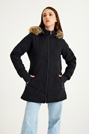 Barbora Kışlık Eldivenli Kapüşonlu Kürklü Kadın Şişme Mont bt121siyah5